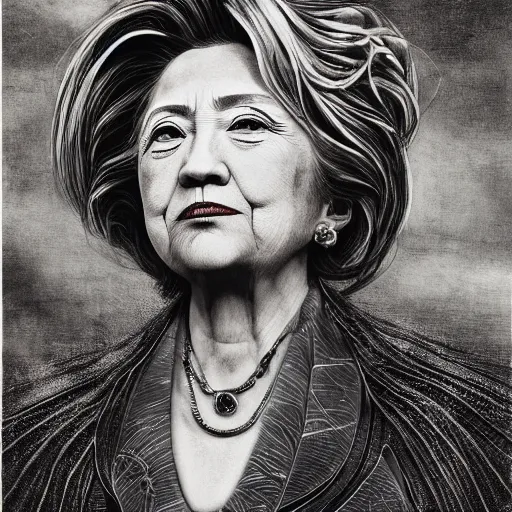 Image similar to Yoshitaka Amano realistic illustration of hillary clinton ,hair fluttering in the wind, cracks on her face wearing Elden ring armour with engraving, abstract black and white patterns on the background, noisy film grain effect, highly detailed, Renaissance oil painting, weird portrait angle, blurred lost edges, three quarter view