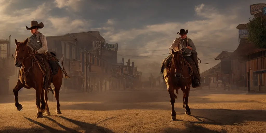 Prompt: rugged sheriff riding his horse through a busy old - west town, detailed, volumetric lighting, cinematic