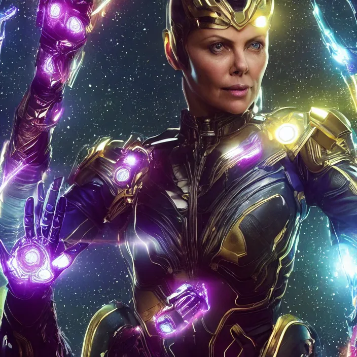 Image similar to (((The Infinity Gauntlet))), Charlize Theron, intricate artwork. octane render, trending on artstation, very coherent symmetrical artwork. avengers. thanos. cinematic, hyper realism, high detail, octane render, 8k, iridescent accents