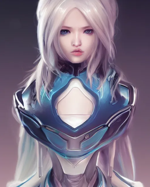 Image similar to perfect android girl, warframe armor, beautiful face, scifi, futuristic, galaxy, nebula, bae suzy, dreamy, long white hair, blue cyborg eyes, cinematic lighting, highly detailed, very cute, focused, artstation, divine, by gauthier leblanc, kazuya takahashi, huifeng huang, jama jurabaev