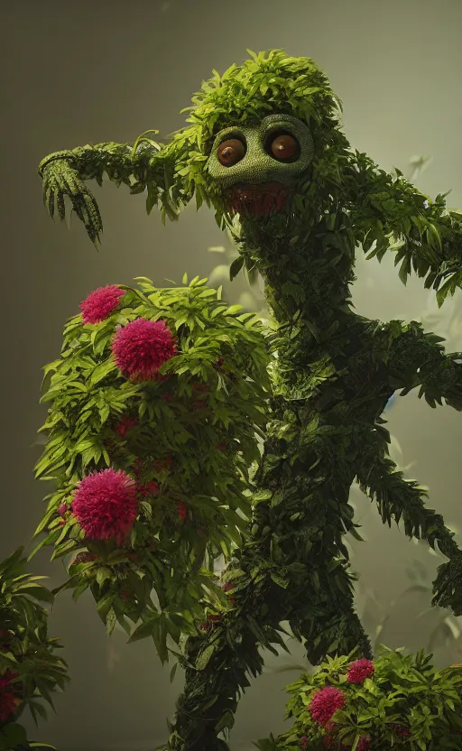 Image similar to a plant creature, foliage, plant filaments, flowers, humanoid shape, full body, photorealistic, 4 k, octane render, cinematic lighting, artistic photography, insanely detailed and intricate