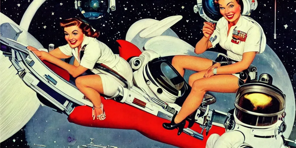 Image similar to Retro Sci-Fi. Women in the space suit riding a retro rocket in space. 1950s illustration. Sci-Fi. Pinup. Women in the space suit riding a retro rocket in space. Norman Rockwell