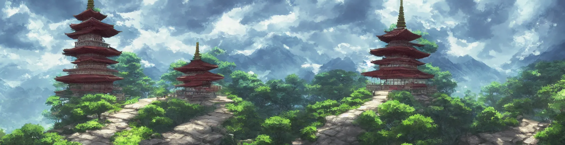 Image similar to a pagoda with a path surrounded by mountains, stormy weather. Makoto Shinkai, anime, trending on ArtStation, digital art.