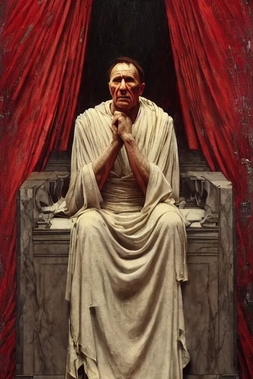 Image similar to the end is near. a tired julius caesar is sitting on a throne. portrait. face is highly detailed. intricate. splices of red are running down his toga. close shot. dark background. soft light. imagined by jeremy lipking and alphonse mucha