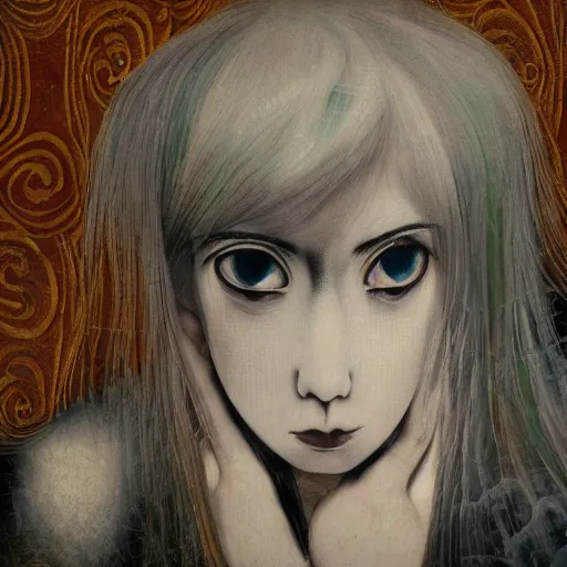 Image similar to yoshitaka amano blurred and dreamy realistic portrait of a woman with black eyes and white hair wearing dress suit with tie, junji ito abstract patterns in the background, satoshi kon anime, noisy film grain effect, highly detailed, renaissance oil painting, weird portrait angle, blurred lost edges, three quarter view