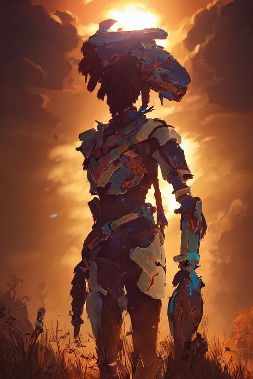 Image similar to combination suit armor aloy horizon forbidden west horizon zero dawn radiating a glowing aura global illumination ray tracing hdr fanart arstation by ian pesty and alena aenami artworks in 4 k tribal robot ninja mask helmet backpack