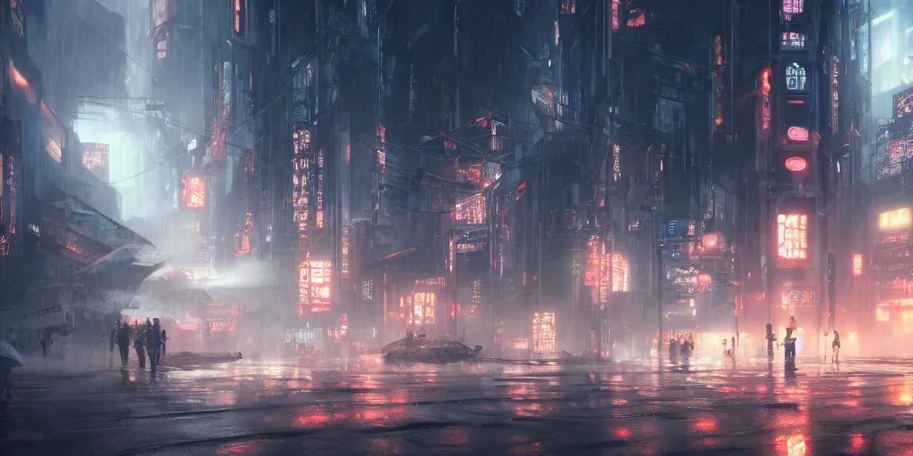 Image similar to ghostpunk futuristic japan city view by eddie mendoza and greg rutkowsi, orange glow, rain, foggy, dark, moody, volumetric lighting, dirty