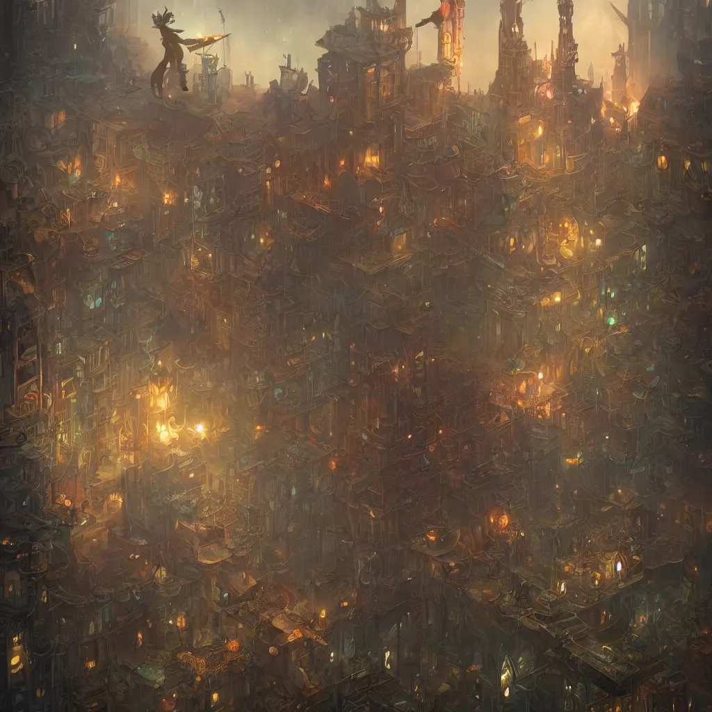 Image similar to tarot the fool standing in a steampunk city by peter mohrbacher and dan mumford and nekro, cgsociety, volumetric light, 3 d render