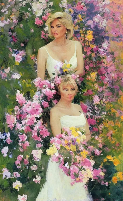 Prompt: romantic portrait of donald trump in an elegant dress surrounded by beautiful flowers, by gregory manchess, james gurney, james jean