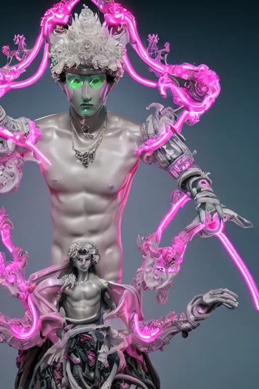 Prompt: full-body rococo and cyberpunk style porcelain sculpture of a young handsome seductive Peruvian android prince reaching for the sky, glowing pink laser eyes, crown of white gears and diamonds, swirling green-colored silk fabric. futuristic elements. full-length view. intricate artwork by caravaggio. Trending on artstation, octane render, cinematic lighting from the right, hyper realism, octane render, 8k, depth of field, 3D