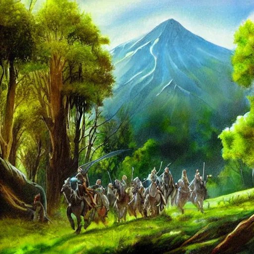 Image similar to painting lord of the rings dramatic landscape, forrest
