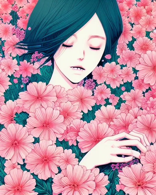 Prompt: girl next to floral bomb, detailed manga illustration!! intricate details, beautiful perfect face, perfect body, aesthetically pleasing pastel colors, poster background, aesthetic details, art by conrad roset and ilya kuvshinov