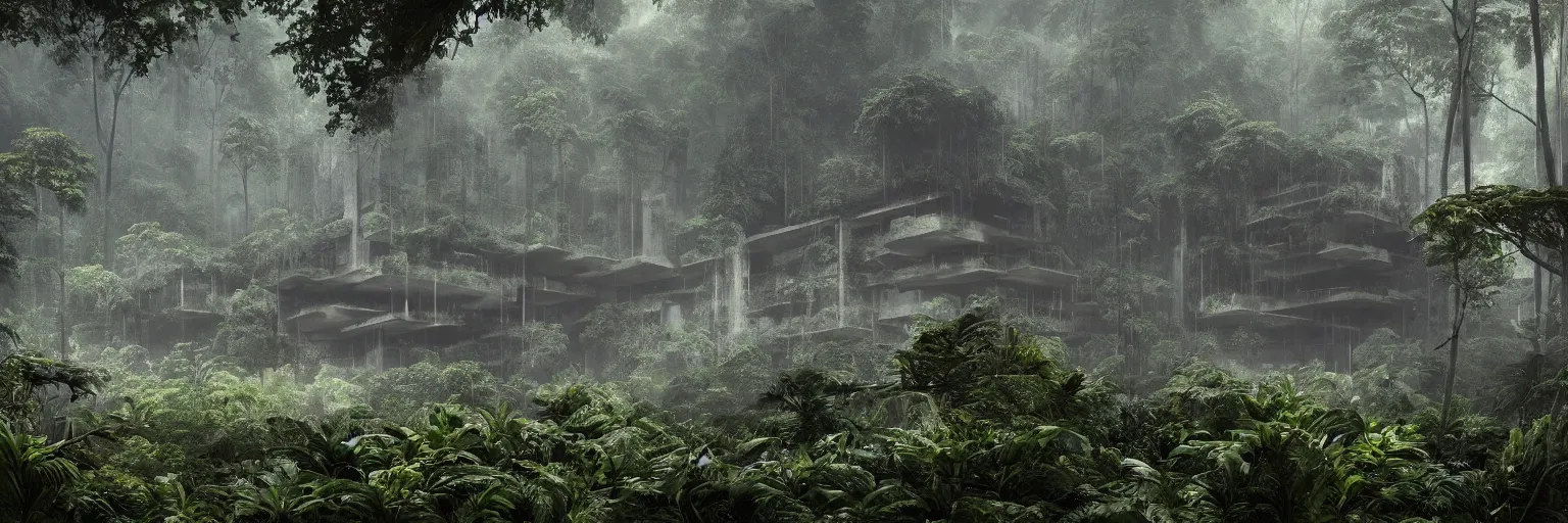 Image similar to brutalist architecture deep in the rainforest. nature is taking over. matte painting in the style of craig mullins. mist. cinematic. octane render.