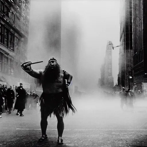Image similar to old black and white photo, 1 9 1 3, depicting a techno viking shaman rampaging through the bustling streets of new york city, historical record, volumetric fog
