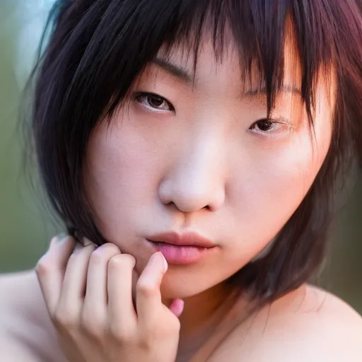 Image similar to beautiful gorgeous curvy Japanese edgy model girl with short hair, she's sad, sunset, 80mm lens, 1.2 aperture, grainy image, close up