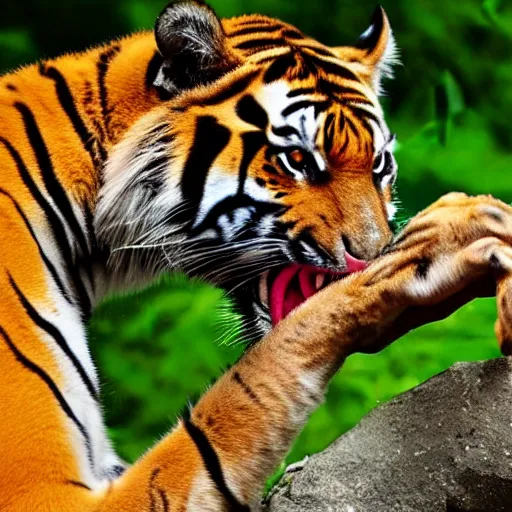 Prompt: a tiger licking your hand, 4k, high detail, high-resolution photograph, professional photography