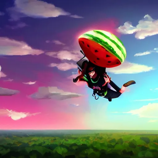 Prompt: A watermelon skydiving from a plane, dynamic lighting, cinematic, ultra detailed, trending on art station