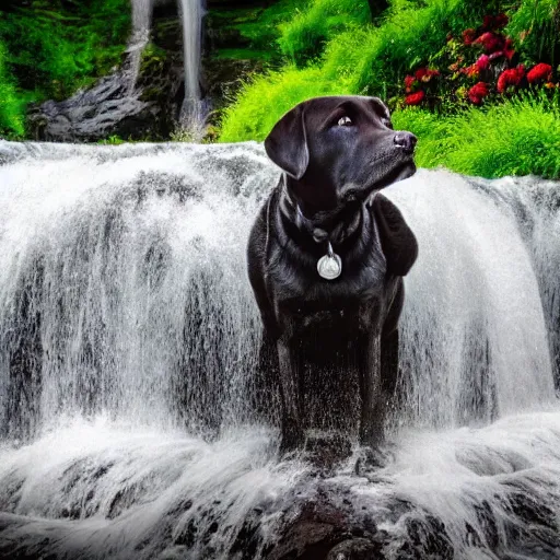 Prompt: Labrador under a fairytale waterfall, peaceful fairytale zen magical colorful scene