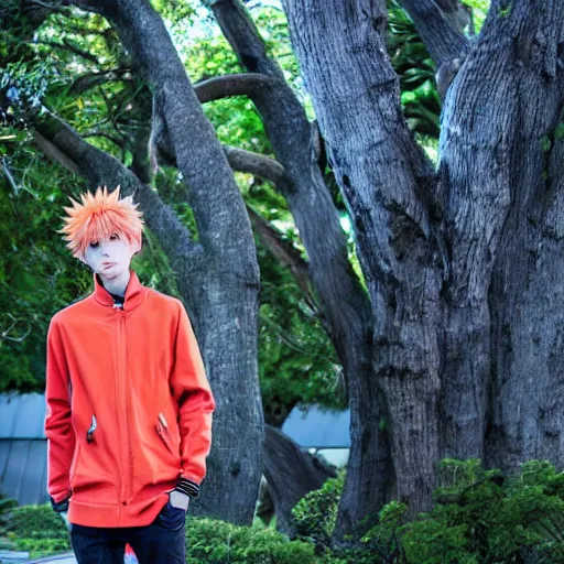 Prompt: orange - haired anime boy, 1 7 - year - old anime boy with wild spiky hair, wearing red jacket, standing under treehouse in city plaza, urban plaza, large tree, ultra - realistic, sharp details, subsurface scattering, godrays, intricate details, hd anime, 2 0 1 9 anime