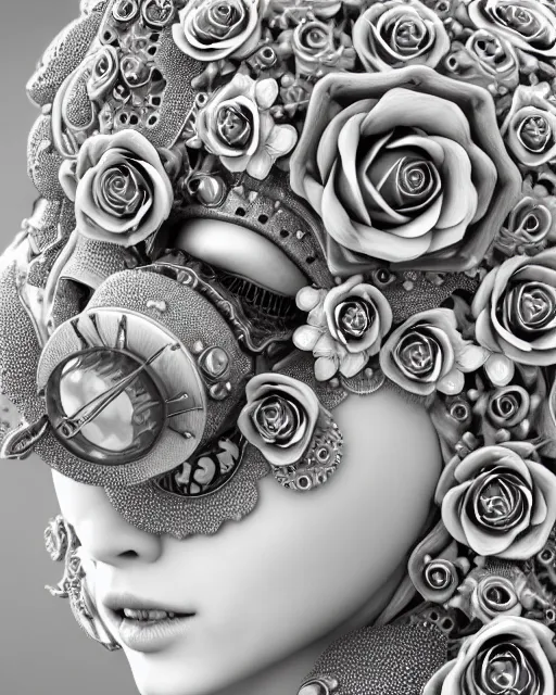 Image similar to bw dreamy close - up profile face, beautiful young porcelain intricate steampunk bio - mechanical vegetal - dragon - cyborg - female, white roses ornate metallic armour, white fluffy feathers, fine mandelbrot fractal lace, 1 5 0 mm, soft rim light, elegant, hyper real, ultra detailed, octane render, hg giger, 1 6 k