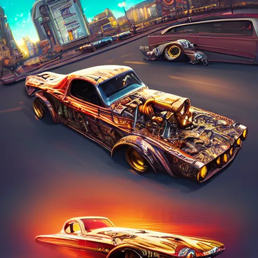 Image similar to detailed intricate digital illustration by greg rutkowski and artgerm and wlop and sanford robinson gifford ; rat fink style hotrod, ratrod dragster in city intersection ; 1 3 mm film, arri alfa anamorphic lens ; long exposure, sharp focus ; golden hour, trending on artstation 8 k