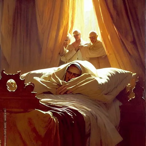 Image similar to the pope wakes up is his bed, sweating, nervous, terrified, because a double horned shadow demon lurks in the papal bedroom. highly detailed painting by gaston bussiere, j. c. leyendecker, greg rutkowski, craig mullins 8 k