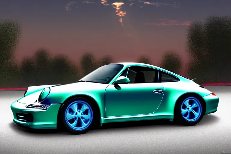 Image similar to iridescent Porsche 911, by Thomas Kincade, Richard Sigamani, 8k photorealistic, HD, high details, concept art, trending on artstation