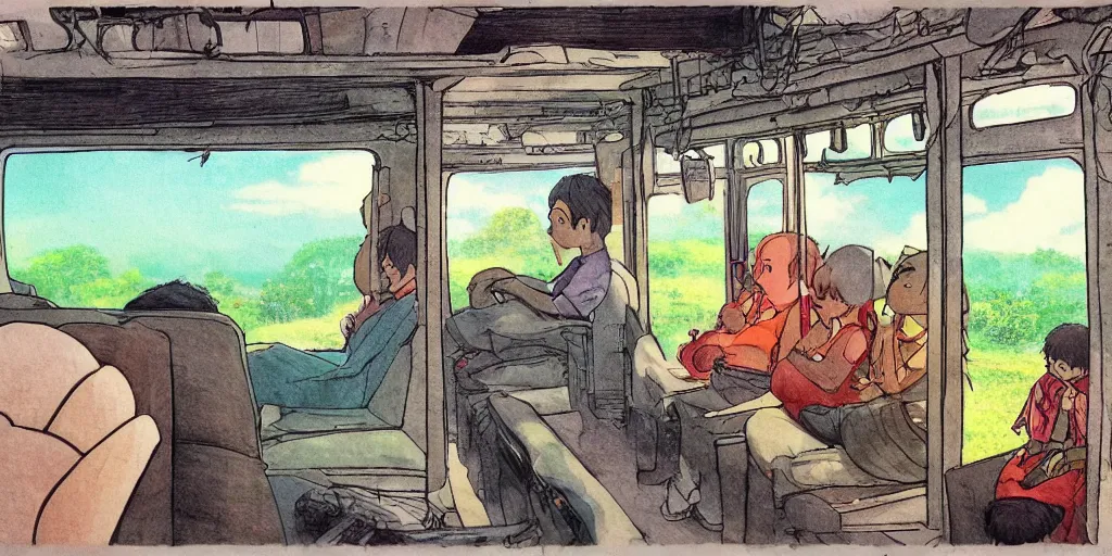 Image similar to inside sri lankan bus, drawn by hayao miyazaki, rule of thirds composition