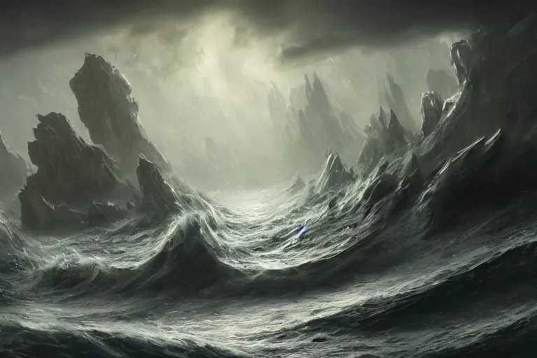 Image similar to Scylla and Charybdis, The Argo, Ancient Greek Trireme, Plows through storm tossed ocean waves, enormous Krakens, threaten from a rocky caves, the air is alive with rain lighting and fear by Jessica Rossier and HR Giger cinematic concept painting