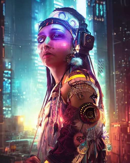 Prompt: Beautiful art portrait of a cyberpunk native american female owl shaman in a city at night, cyberpunk aesthetic, atmospheric lighting, intricate detail, cgsociety, hyperrealistic, octane render, RPG portrait, ambient light, dynamic lighting,