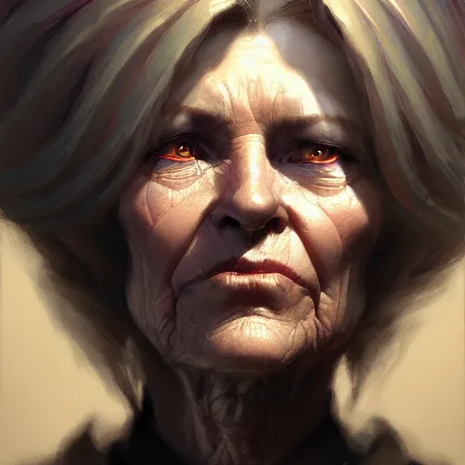 Image similar to an old woman with a mullet, portrait, close up, high detailed, craig mullins, peter mohrbacher, unreal engine, 8 k, dark beauty, trending on artstation