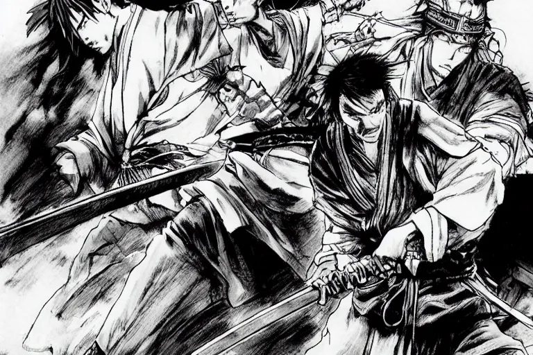 Image similar to epic and cinematographic samurai duel, black and white mange by takehiko inoue and Hiroshi Hirata