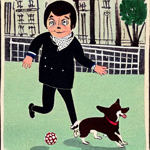 Image similar to book illustration of a french boy on the streets of paris playing football against a corgi, the dog is wearing a polka dot scarf, 1 9 6 6