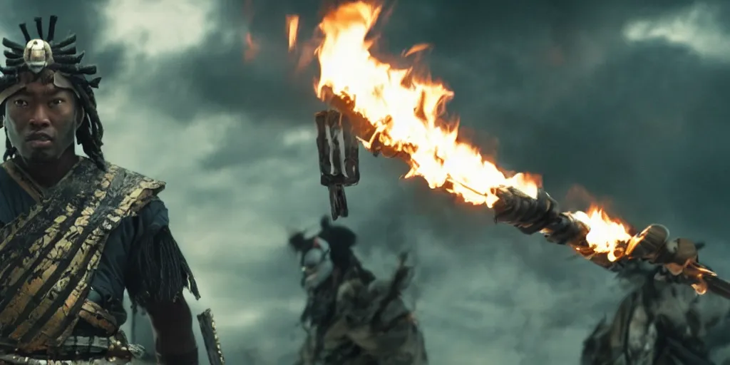 Image similar to a film still of a black man starring in a japanese blockbuster film as ancient evil samurai with fire powers, shallow depth of field, cinematic, award winning cgi, vfx, film still