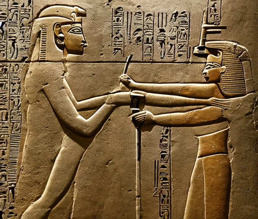 Prompt: ancient egyptian relief of a man shooting a bolt action rifle