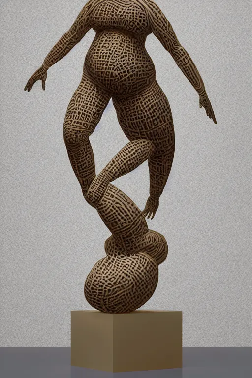 Prompt: human geometric biological structure made of skin and hair standing on two legs on a plinth, overweight, obese, intricate, elegant, highly detailed, hyper - realist sculpture by john isaac