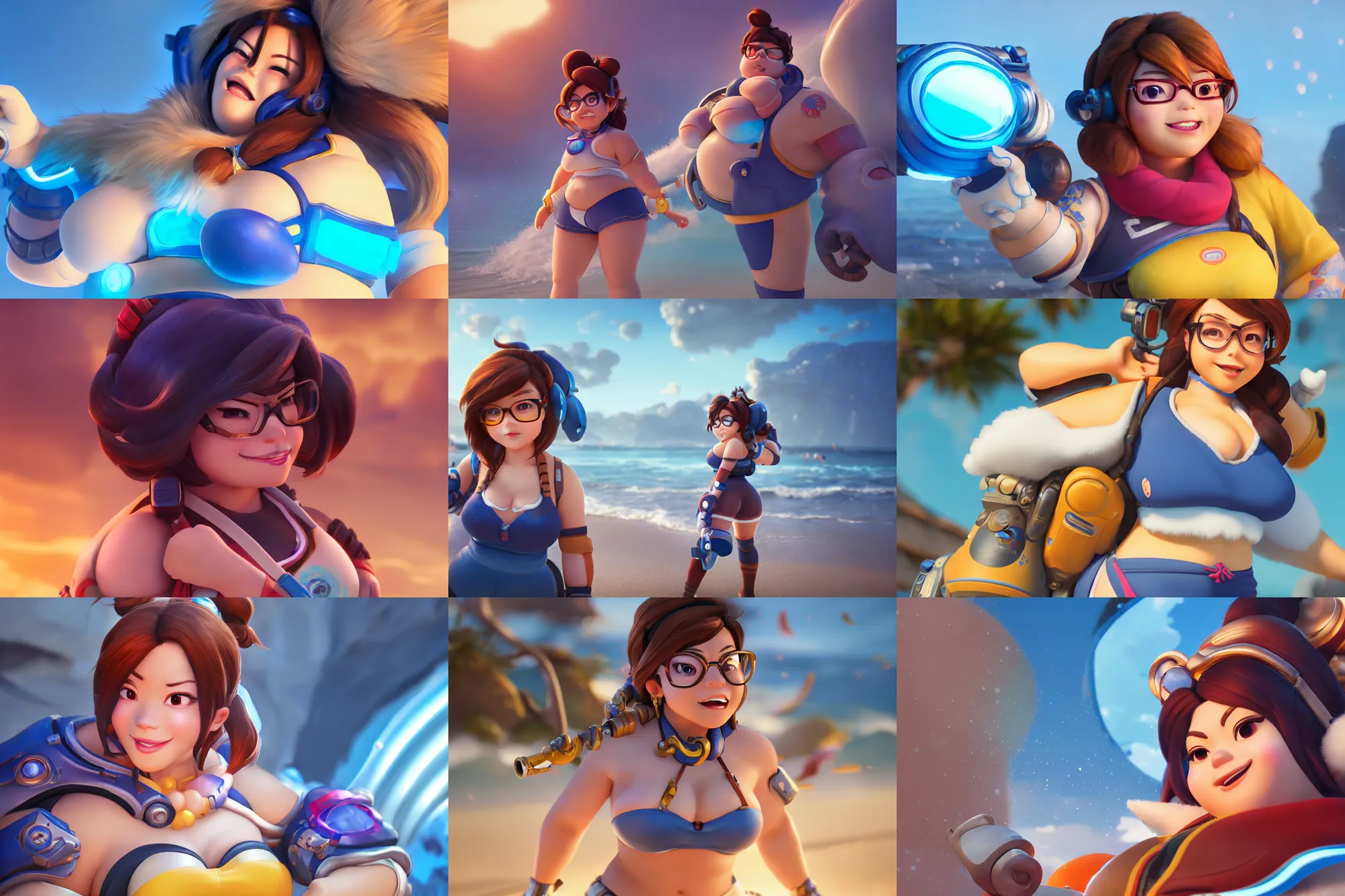 Prompt: hyperdetailed mei from overwatch as a disney pixar character, hd texture, beautiful 3D render, 8k, octane render, soft lighting, hyperrealistic, at the beach, sharp focus, golden hour, specularity, reflections, Mei-Ling Zhou