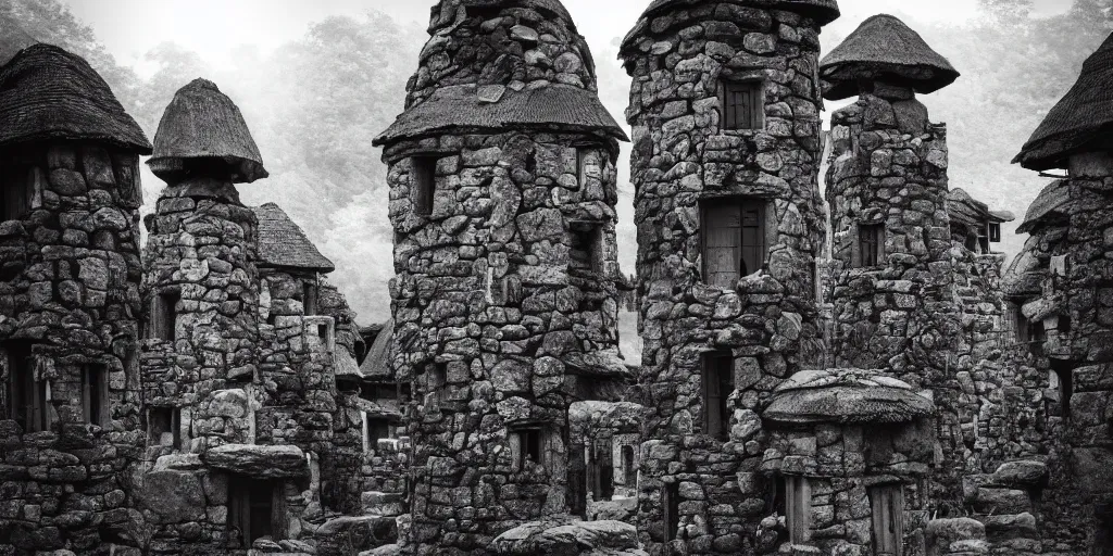 Image similar to long and tall organic stone houses, stone village, jungle, black and white photography, year 1 9 0 0, artstation, digital art