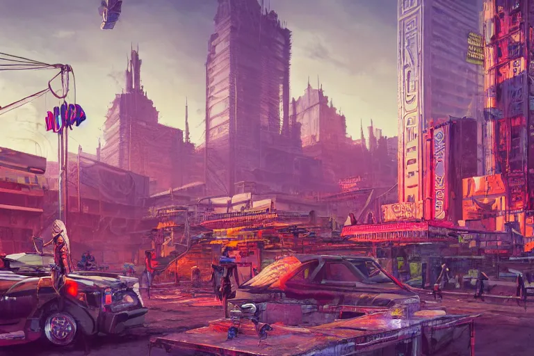 Prompt: hyperrealistic matte painting of aztec temples in a cyberpunk future environment with flying cars, mechanical features and neon, graffiti, scaffolding, smog, destruction by filip hodas, beeple, 4 k, trending on cgsociety