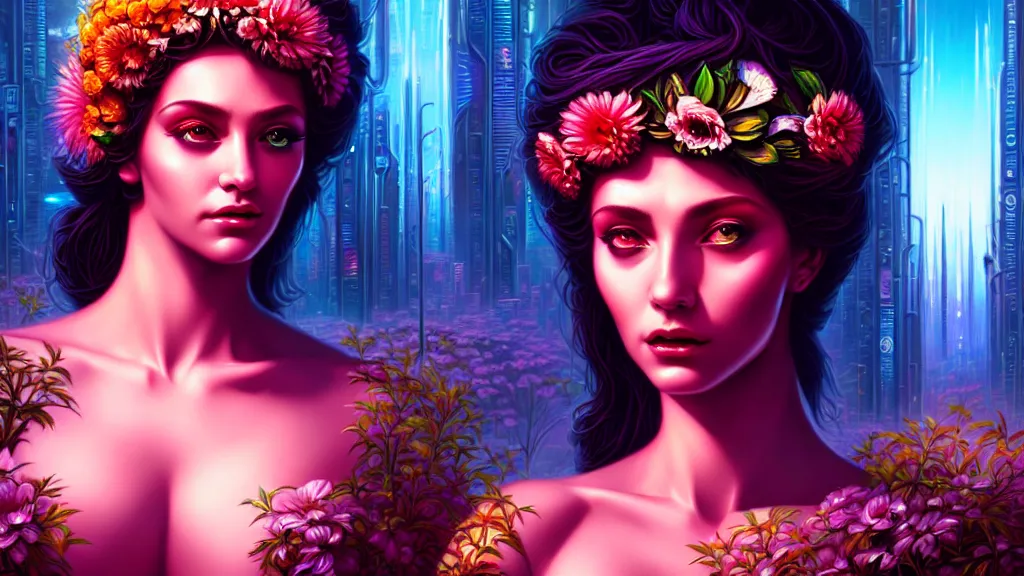 Prompt: a beautiful close up 4K portrait painting of a flower goddess in a sensual pose, in the style dan mumford artwork, in the background a futuristic cyberpunk city is seen.