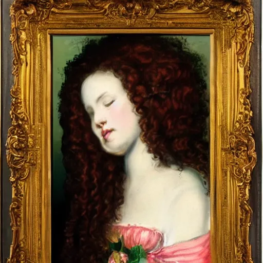 Prompt: a painting of a girl with red curly long hair, on a baroque frame, her hands are in front of her face in praying motion, a tear slides down her left cheek while she looks at the viewer