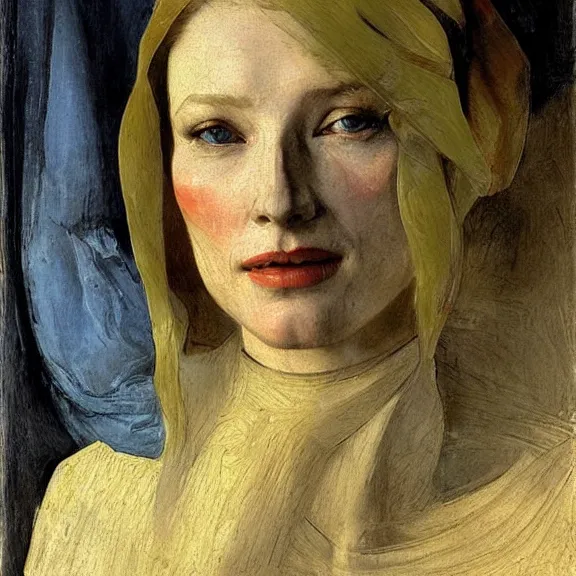 Image similar to cate blanchett by Annie Swynnerton and Nicholas Roerich and Vermeer, strong dramatic cinematic lighting , ornate headdress , lost civilizations, smooth, sharp focus, extremely detailed