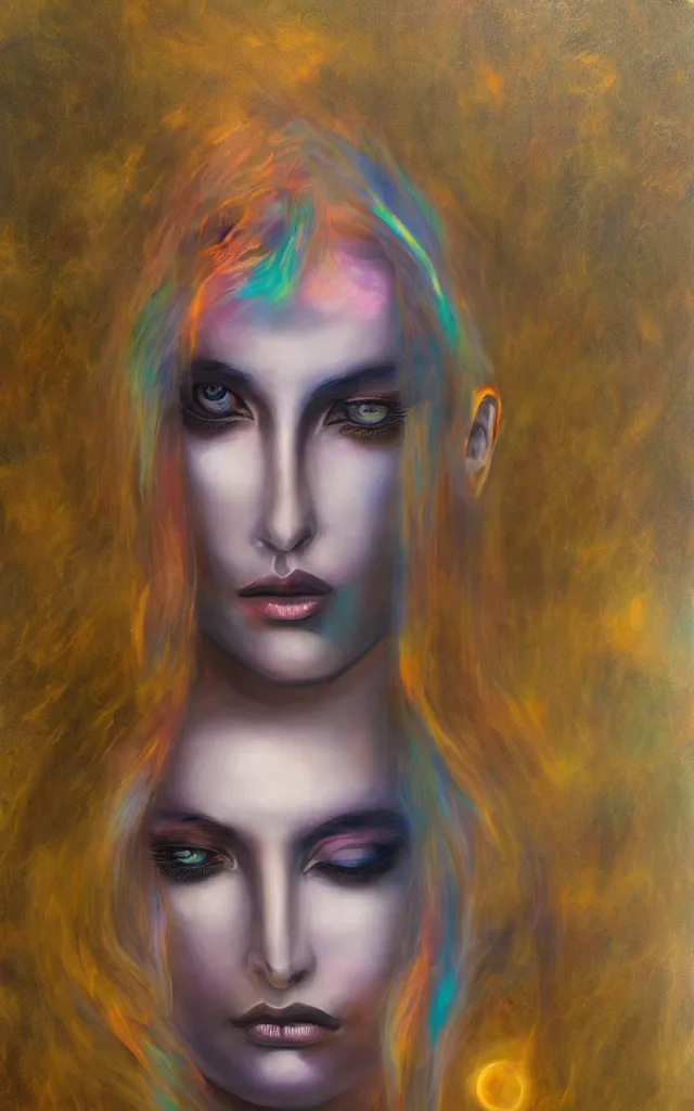 Prompt: iridescent spirit of desire and fear cruel beautiful spirit androgynous with golden eyes lunar mythos ambient fog, award winning oil painting, distinct color palette