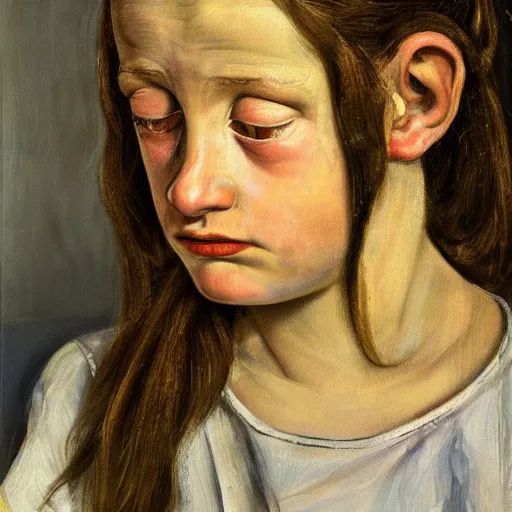 Image similar to high quality high detail painting by lucian freud, hd, portrait of a girl looking at the distance with despair, photorealistic lighting