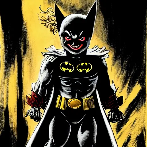 Image similar to frank frazetta the batman as pennywise, full body, 8 k, realistic, photo real, smooth, sharp, intricate detail, hyper detail, dramatic lighting, dramatic shading