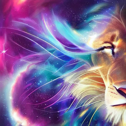 Image similar to geometric lion with galaxy eyes in space, nebula in the background, intricate, elegant, highly detailed, digital painting, artstation, concept art, smooth, sharp focus, illustration, art by artgerm