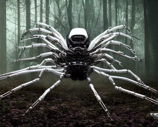 Image similar to photo of a giant huge white terminator spider with heavy duty biomechanical hydraulic cybernetic body with antennas and visor cogs and gears and components in the forest. cyberpunk horror style. highly detailed 8 k. intricate. nikon d 8 5 0 5 5 mm. award winning photography.