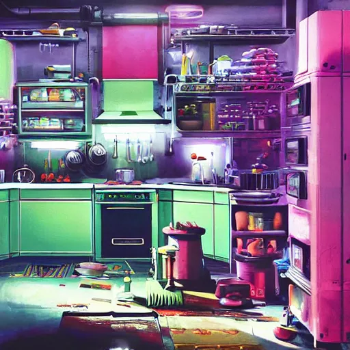 Prompt: IKEA catalogue photo of a cyberpunk kitchen, by Paul Lehr