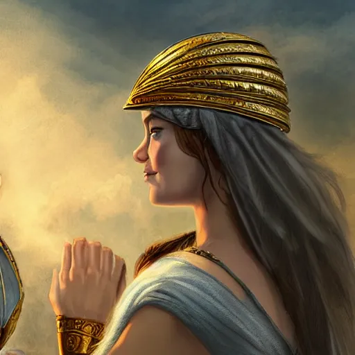 Prompt: tiny Emma Stone as ancient greek woman in golden helmet standing on giant grey-haired bearded male face in the sky, epic fantasy style art, fantasy epic digital art