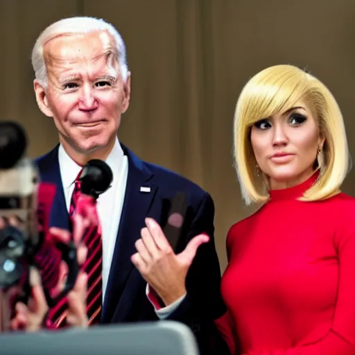 Image similar to photograph of a an alien wearing a blond wig and a red dress and Joe Biden at a press conference